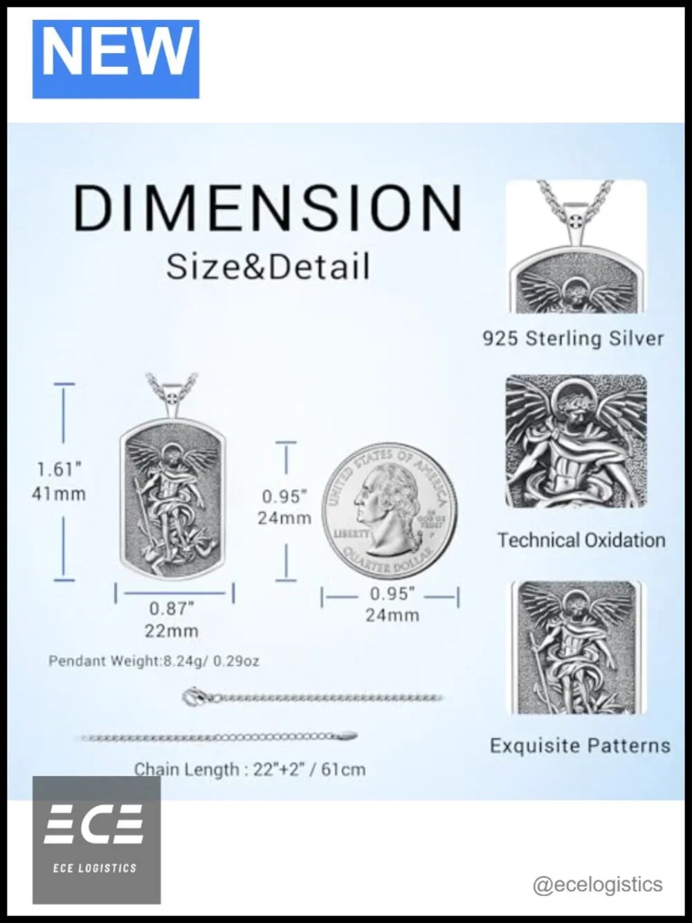 925 Sterling Silver St Michael Pendant Necklace 22in Religious Medal